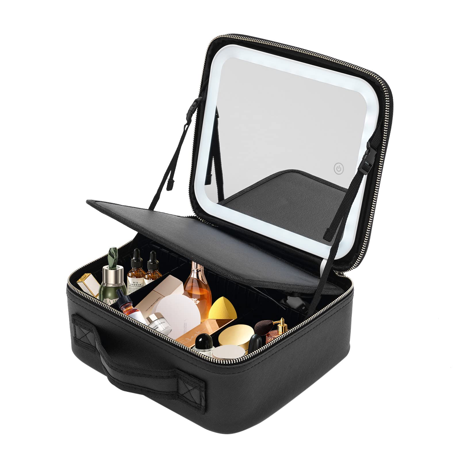 Make-up Tasche mit LED Spiegel, Reise Kosmetiktasche mit 3 Farben Helligkeit Einstellbarer, Schminktasche mit 7 Verstellbaren Trennwänden und Makeup Pinsel Aufbewahrungstasche (Schwarz)