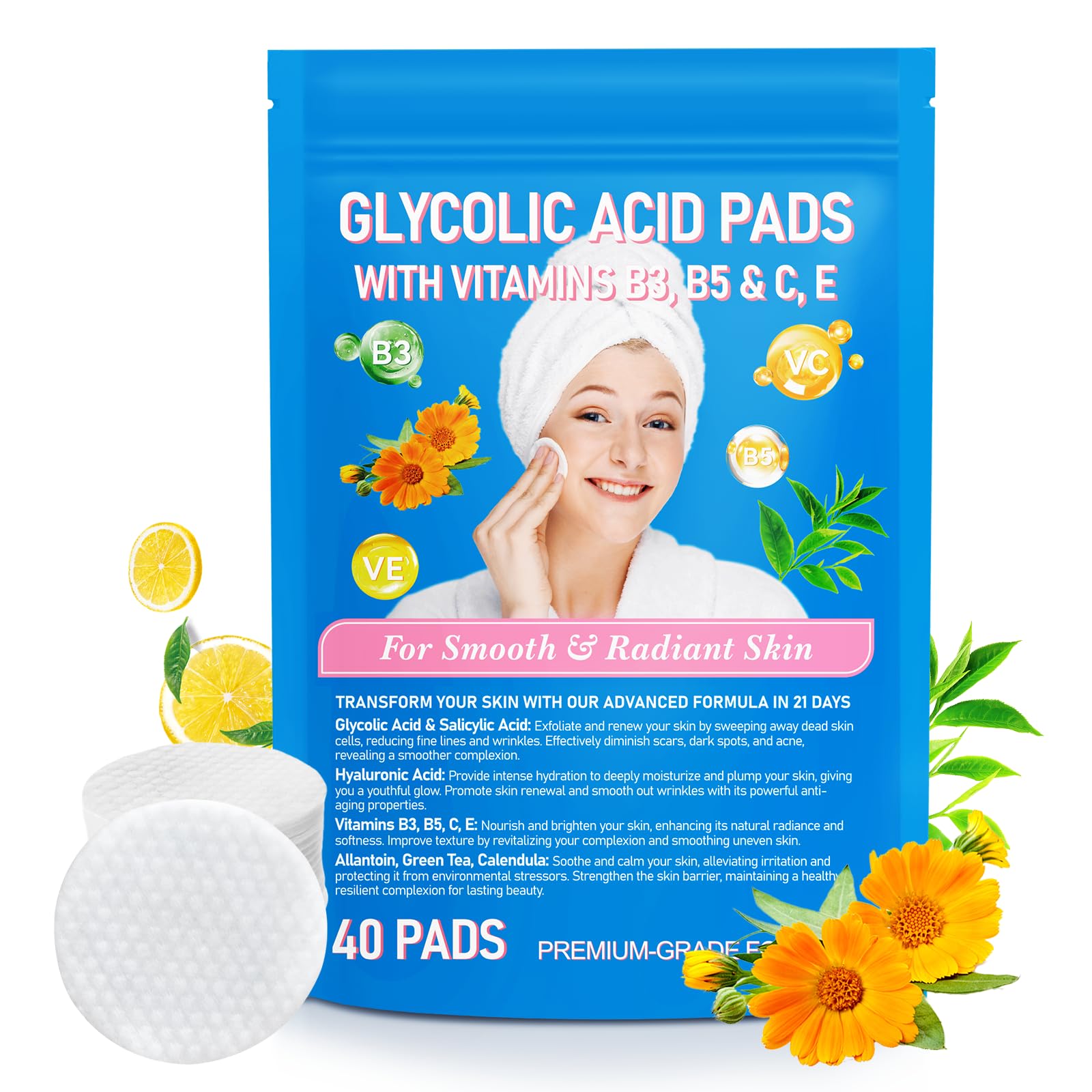 Kwas glikolowy peel pads, 10% bezbarwny kwas glikolowy + 2% kwas salicylowy, witaminy B3, B5, C & E, zielona herbata, nagietek, alantoina, do twarzy ciemnych plam, trądziku i redukuje drobne