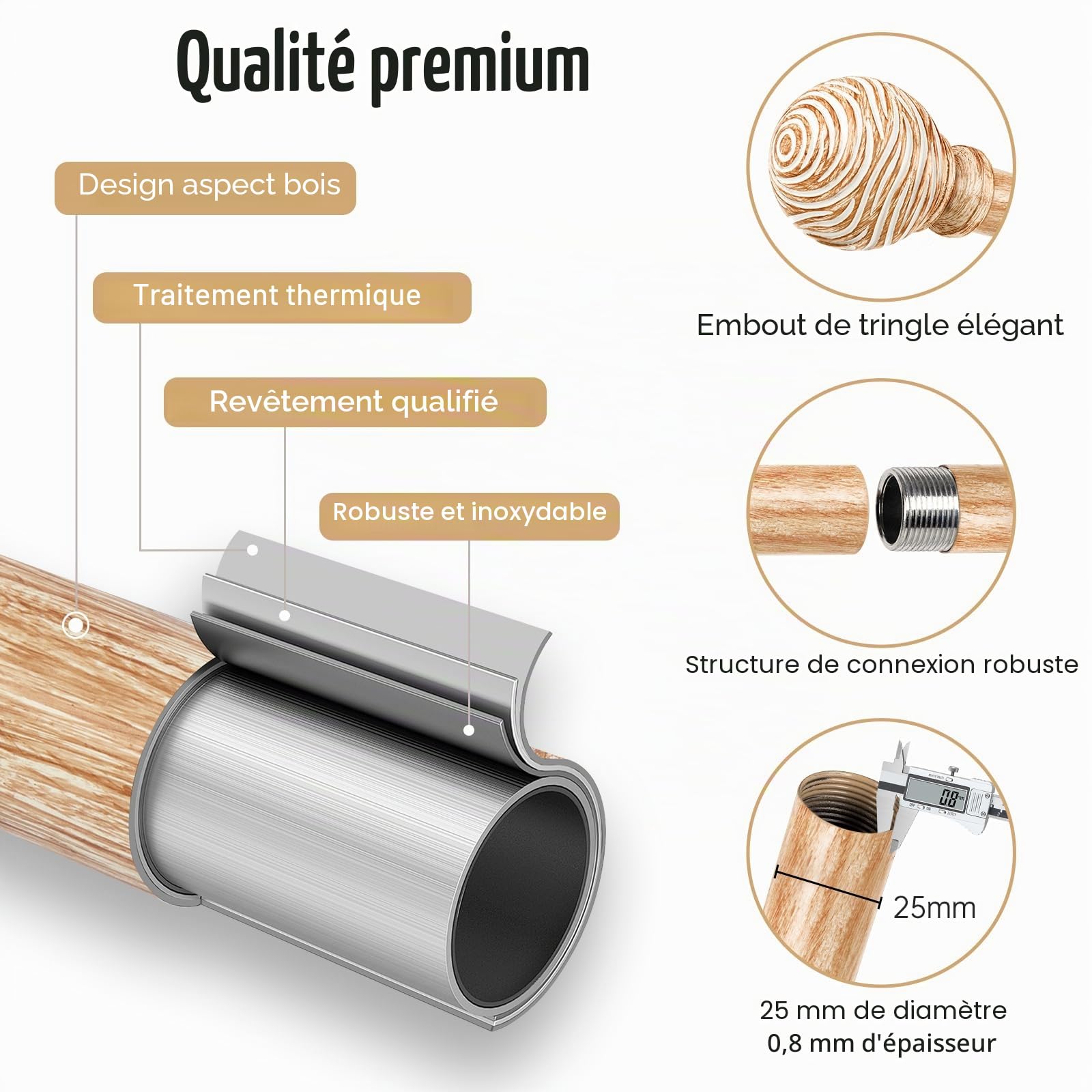 Tringle à Rideau Extensible 76-219 cm | Ø 25 mm à Aspect Bois | Montage Mur ou Plafond | Pour Salon, Chambre & Terrasse, Brun