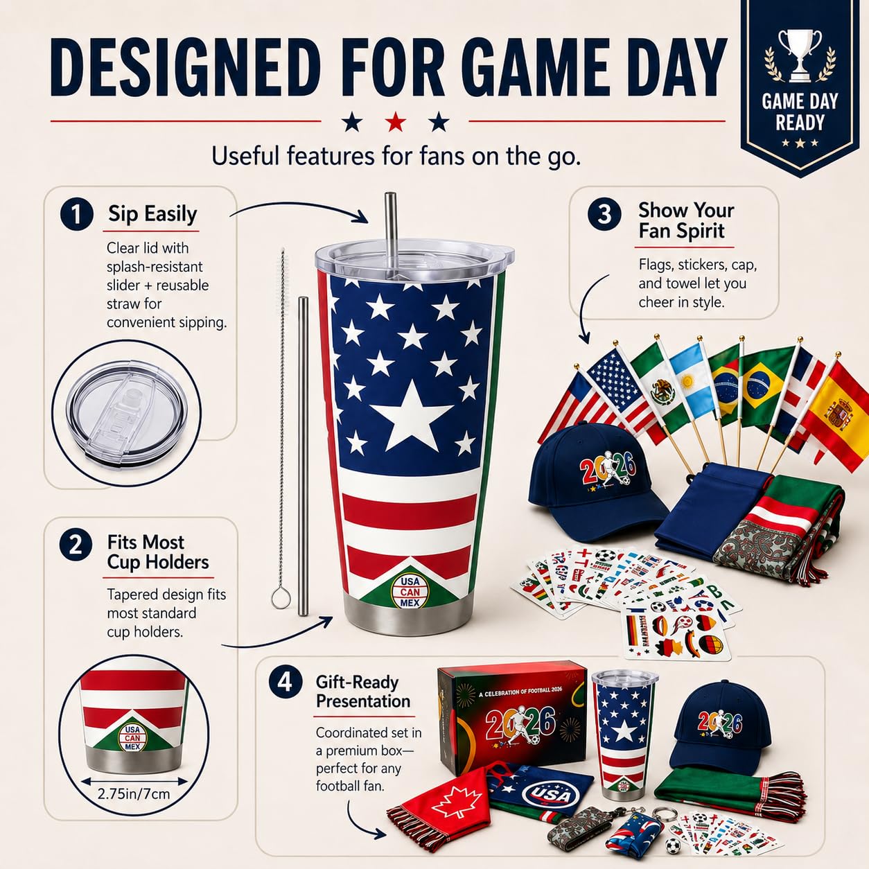 Kit per fan della Coppa del Mondo di calcio 2026, confezione da 30 pezzi, set di accessori premium con 12 bandiere nazionali, 13 adesivi a tema, berretto, bicchiere, asciugamano, portachiavi e borsa