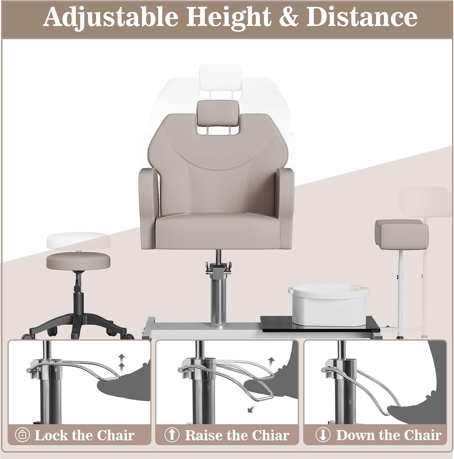 Pedicure Chair No Plumbing with Adjustable Height Footrest & Rolling Stool, Pedicure Station for Nail Tech Spa Chair, Adjustable Pedicure Chair with Massage Foot Basin (Grey)