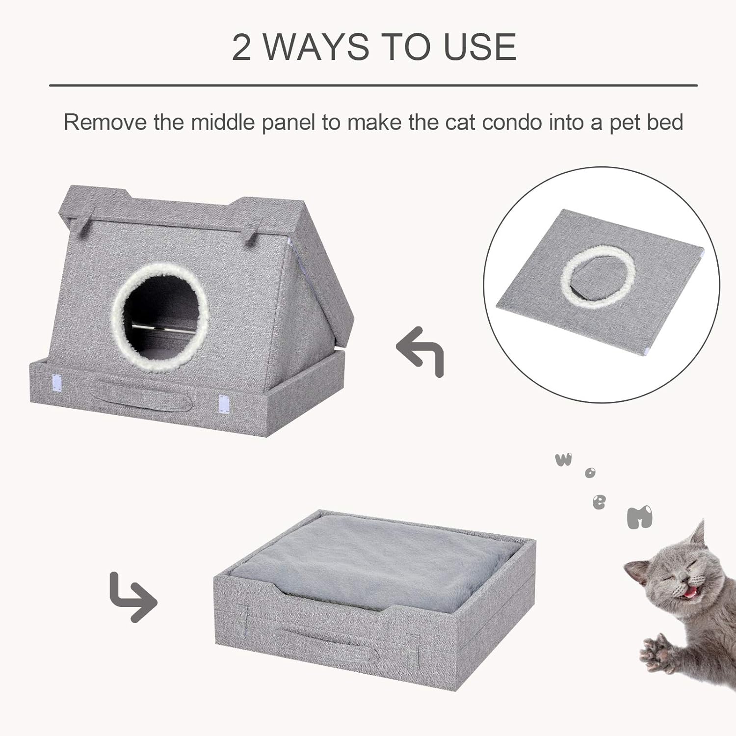 review PawHut Cat House Foldable 2 in 1 Design Condo Pet Bed with Removable Washable Cushions Scratching Pad, Grey