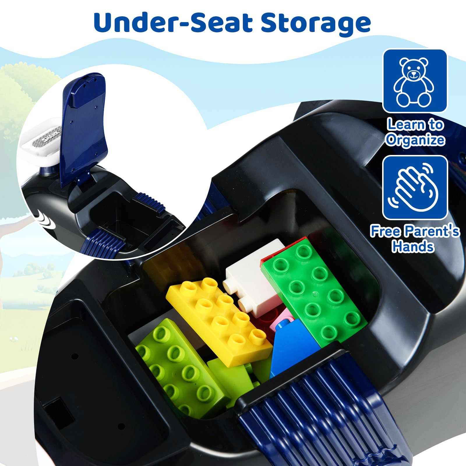 FANTASK Samochód zjeżdżalny dla dzieci, pojazd policyjny z uniwersalnymi kółkami, klakson i muzyka, pomoc w nauce chodzenia z miejscem do przechowywania, dla dzieci od 1 roku (czarny + niebieski)