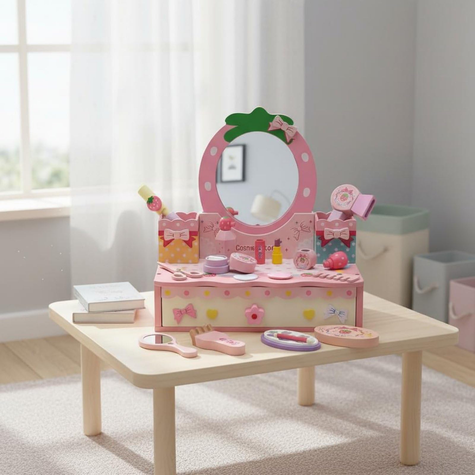 Tavolo Trucco Bambini Toeletta Gioco Specchio Realistico Legno Lavorato Accessori Trucco Finto Gioco di Ruolo Autostima Creativa Adatto per Cameretta Regalo Bambina, Cuore Da Tavolo