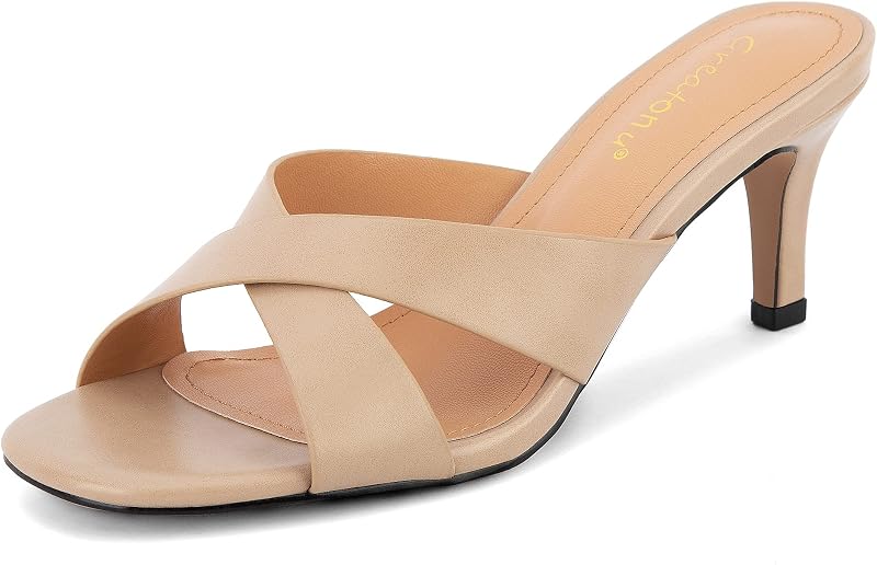 Greatonu Women's Kitten Heels Sandals for Women 2026 Square Open Toe Kitten Heeled Sandals Cross Strap Slip on 2.5 Inch Heeled Sandals