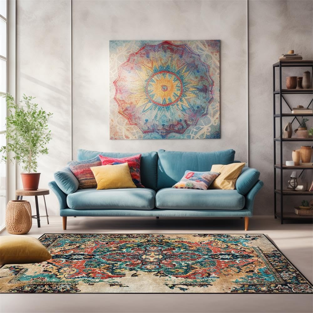 Tapis de salon multicolore retro grand format 180 x 270 cm durable