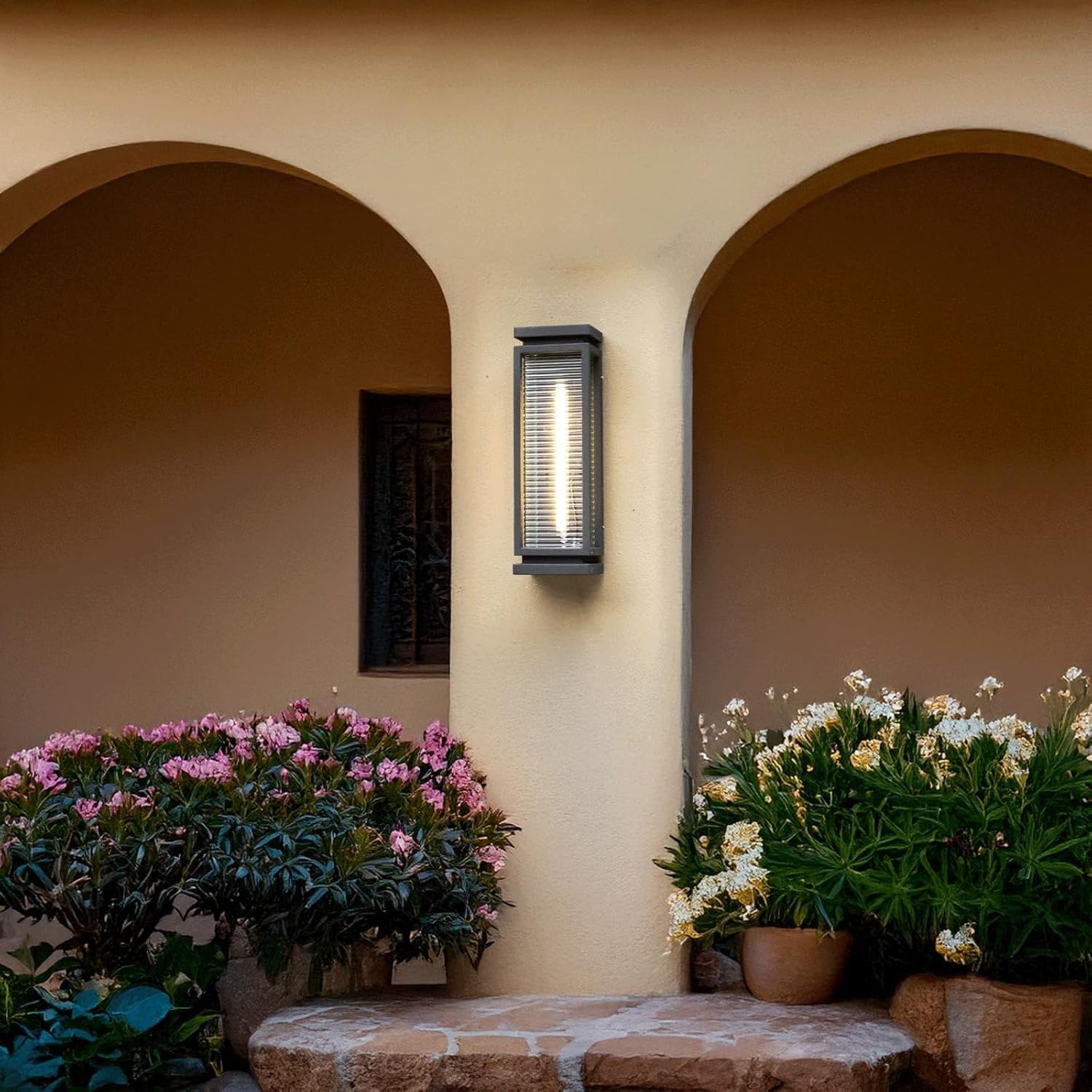 Modern Black Outdoor Wall Light, Waterproof Wall Sconce with Glass Shade, Durable Stainless Steel Exterior Wall Mounted Lamp, T5 Tube Bulb Lighting Fixture for Porch, Patio, Garden, Yard