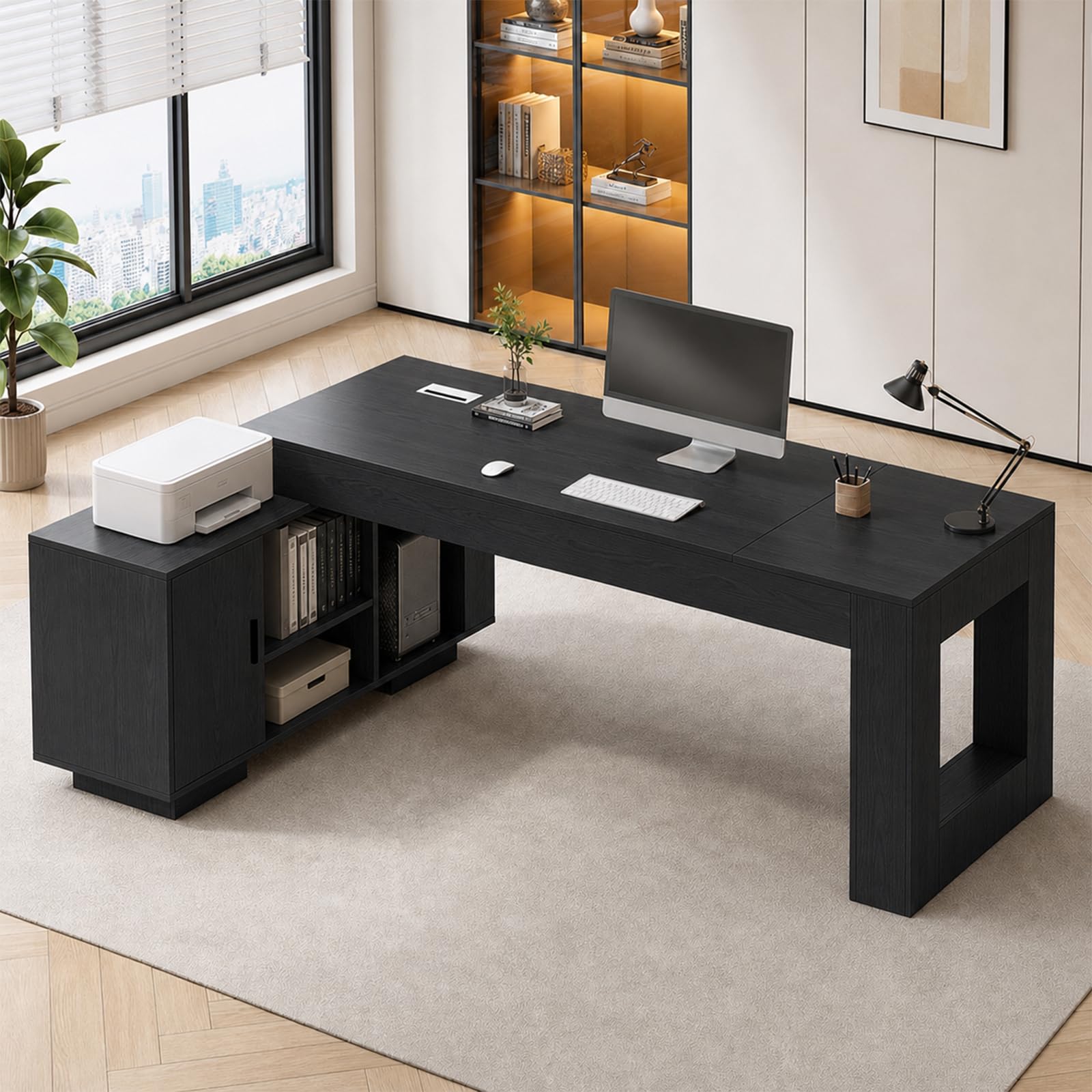 Escritorio Ejecutivo con Almacenamiento Mesa de Oficina con Armario y Gestión de Cables, Despacho y Estudio, Mesa Profesional para Directivos y Teletrabajo
