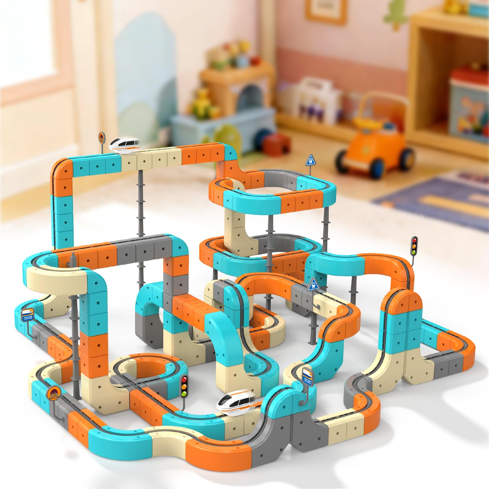 Clickrail Electric Train Set Flexible Race Track 124PCS – Cube Track Block Zug mit Schwerkraftdefying 3D-Layouts, Zahnradschiene Blöcke & Motorisiertem Zug, Toy Gifts für Kinde(124)