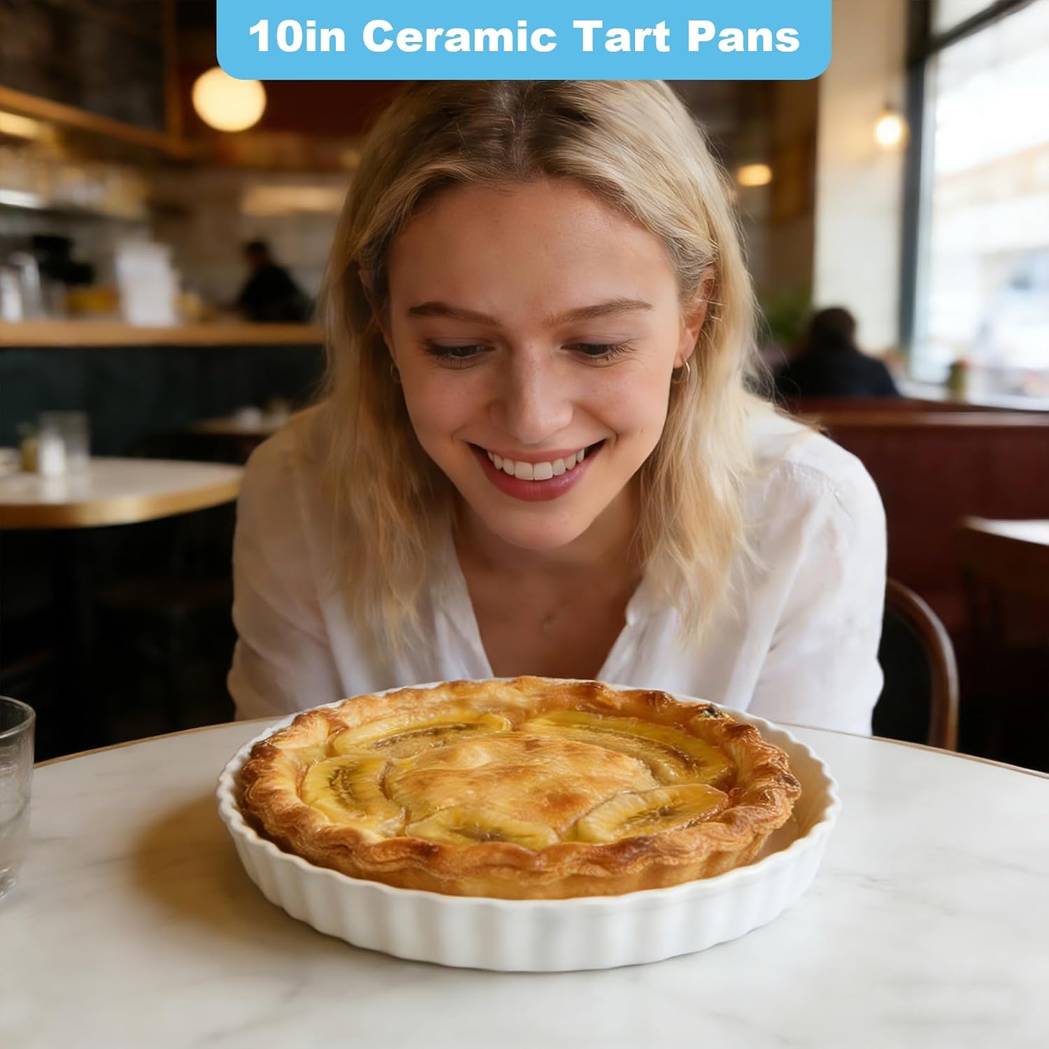 10 Inches Ceramic Quiche Pans, 2 Pcs Round Pie Baking Dish, Non-Stick Round Pie Dish Quiche Pan, Fluted Edge Pie Pans for Baking Tart Pies, Apple, Quiche(White)