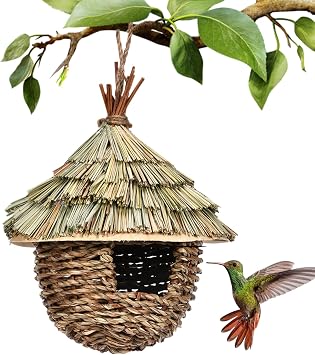 Hummingbird House for Outside 6.7x8.7 Inch Woven Straw Hummingbird Nest Hanging Bird House for Garden Decorations Bird Lover, Houses for Outside