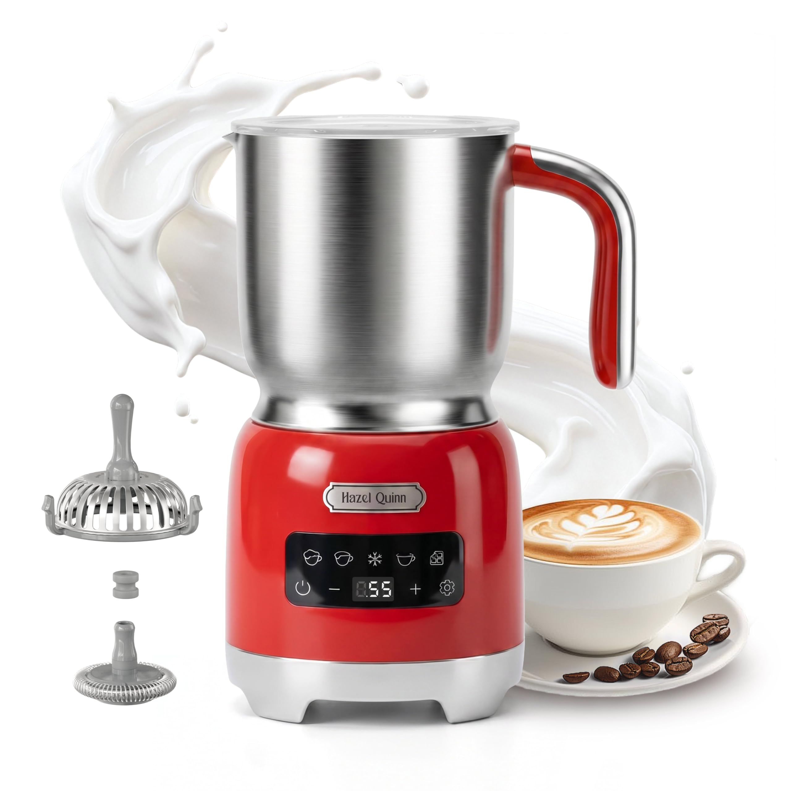 Hazel Quinn Mousseur à Lait Électrique en Acier Inoxydable, Multifonctionnel 5 en 1, Chauffe Lait Électrique, Machine à Chocolat Chaud, Contrôle Tactile LED, pour le Cappuccino, 400 ML, Rouge Rubis
