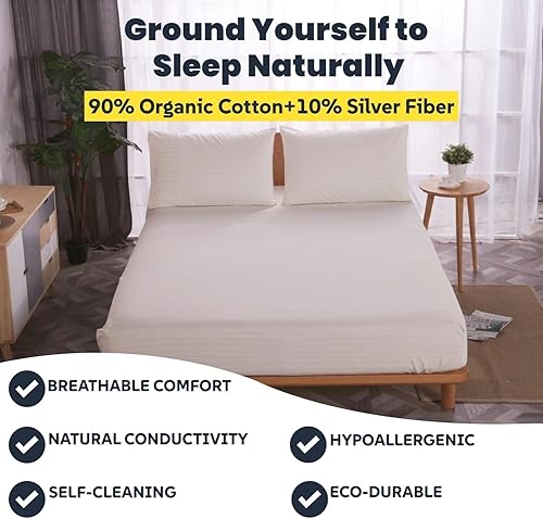 Miniatura 29 de OKOHEY Grounding Fitted Sheets with 15ft Earthing Cord, Queen Size, 90% Organic Cotton + 10% Silver Fiber, Soft & Breathable Grounded Sheet for White