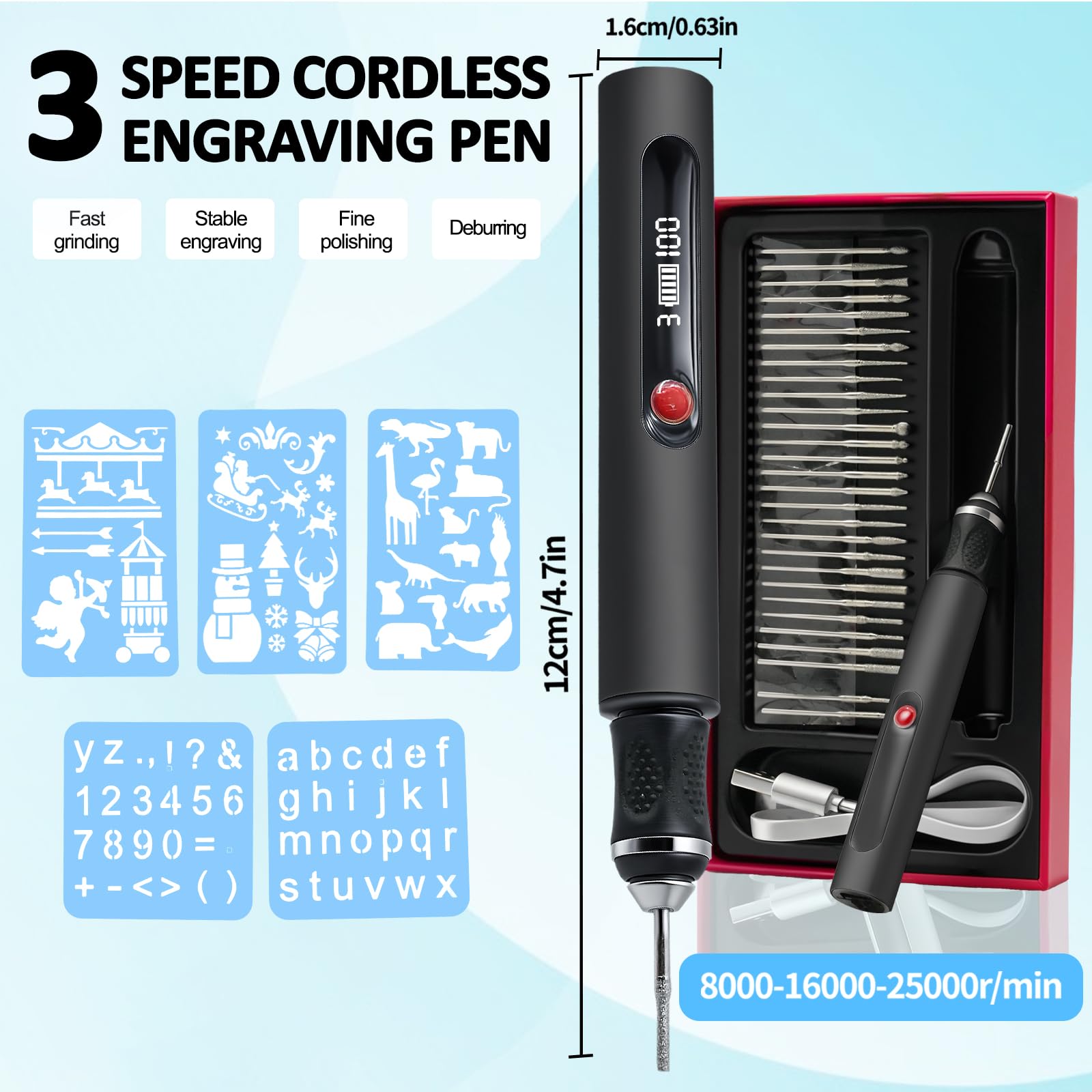 Pino de Grabado Eléctrico con 30 Bits Mini Bolígrafo Grabador, Herramienta de Grabado Portátil USB Carga Regulador de 3 Velocidades Hasta 25.000 U/min para Bricolaje Madera Vidrio Plástico, Negro