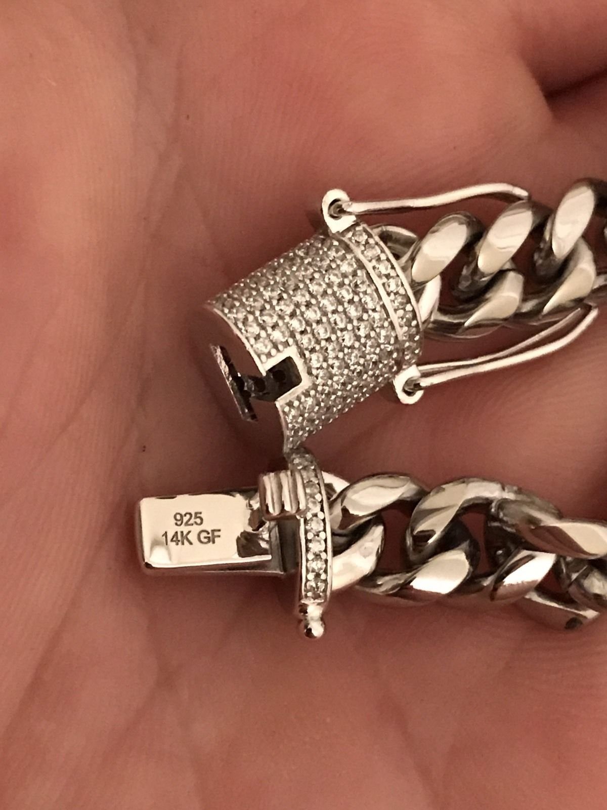 Pulsera de eslabones cubanos de 12 mm, acero inoxidable chapado en oro blanco de 14 quilates, plata 925, cierre de diamante de laboratorio de 1 quilate
