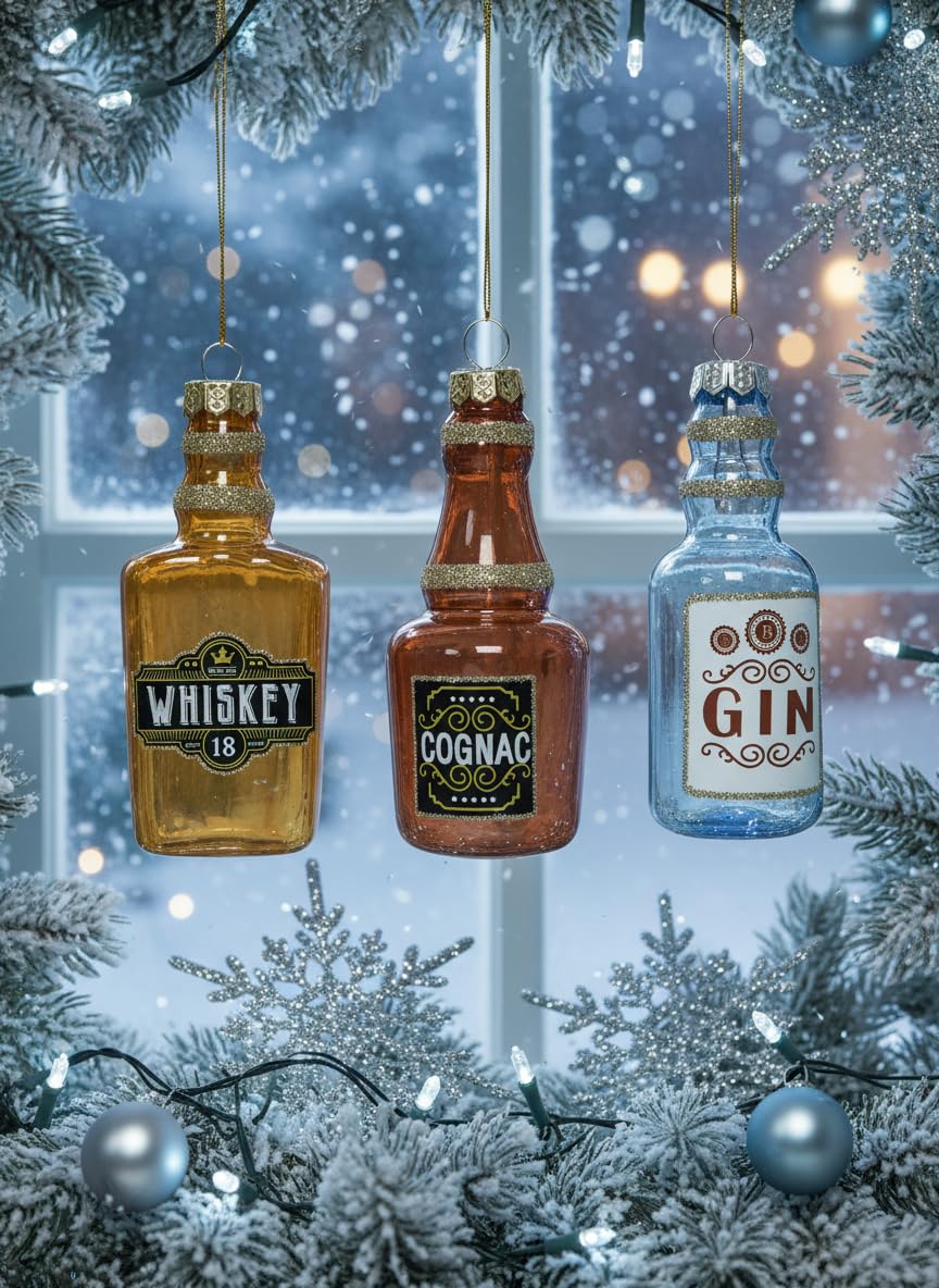 Glass Bottle Christmas Tree Ornaments, Set of 3 Hanging Baubles, Whisky, Gin and Cognac Shapes, 9.4cm, Assorted Colours, Festive Alcohol Theme Decorations