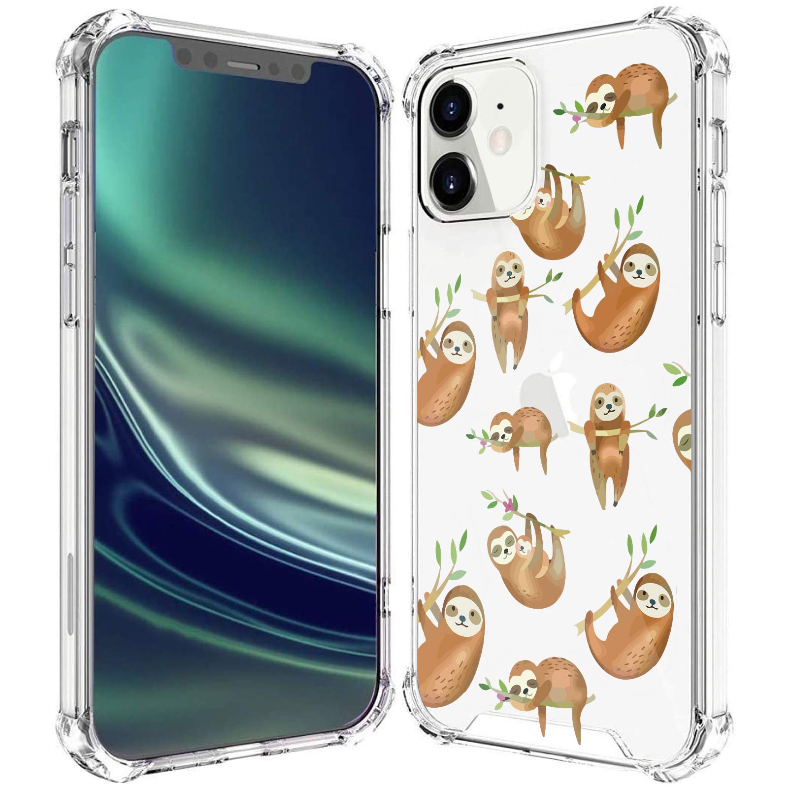 MAYCARI Cute Sloth Case Clear for iPhone 12/12 pro 6.1 Inch, Art Animals Transparent Shockproof Anti-Scratch Soft TPU Cover with Air Cushion for Boys Men Women