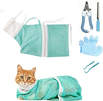 6 Pieces Cat Bathing/Grooming Bag, Adjustable Cat Shower Net Bag and Pet Nail Clippers, Nail File, Grooming Gloves, Tick Tool,Pet Dog and Cat Nail Trimming Check.