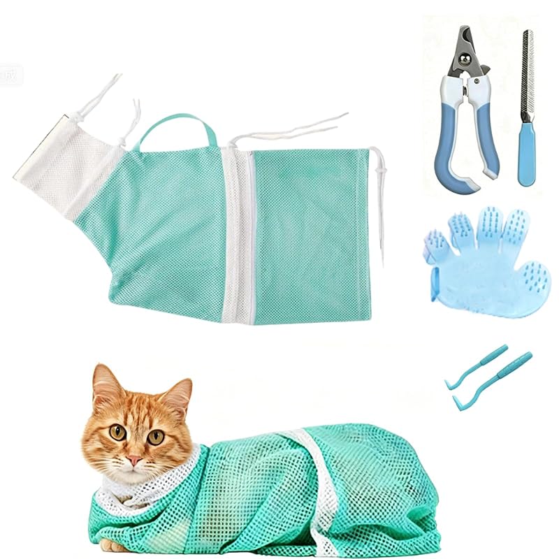 Bolsa para banho e tosa de gatos com malha ajustável fghuim, conjunto com 6 peças