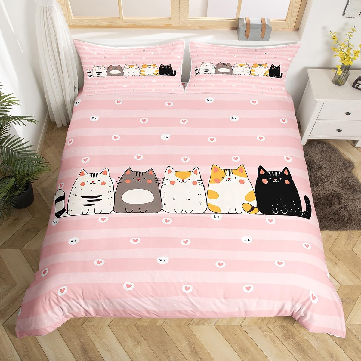 Feelyou Kids Cat Bedding Set Twin Size Cats Print Bedding Duvet Cover Set for Boys Girls Decor Cute Kitten Comforter Cover Set Animal Bedspread Cover Bedroom Cartoon Bedclothes with 1 Pillow Case