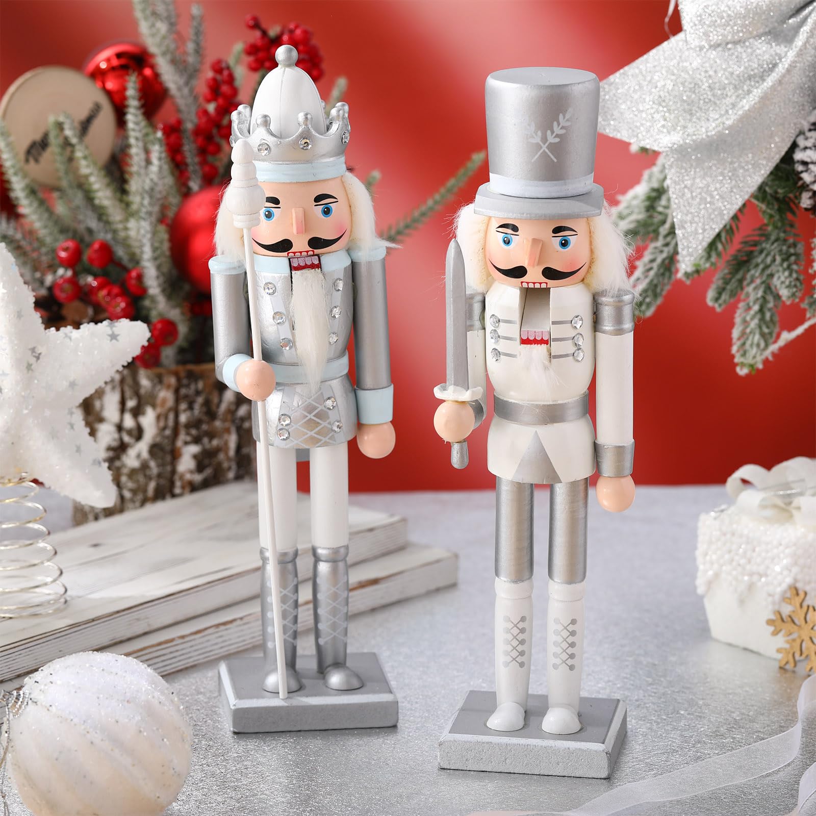 Huwena 2 Pcs Christmas Nutcracker Ornaments Wooden Nutcracker Soldier Figure Decor 12 Inch Holiday Festive Figures for Xmas Party Shelves Table Decoration(Silver)