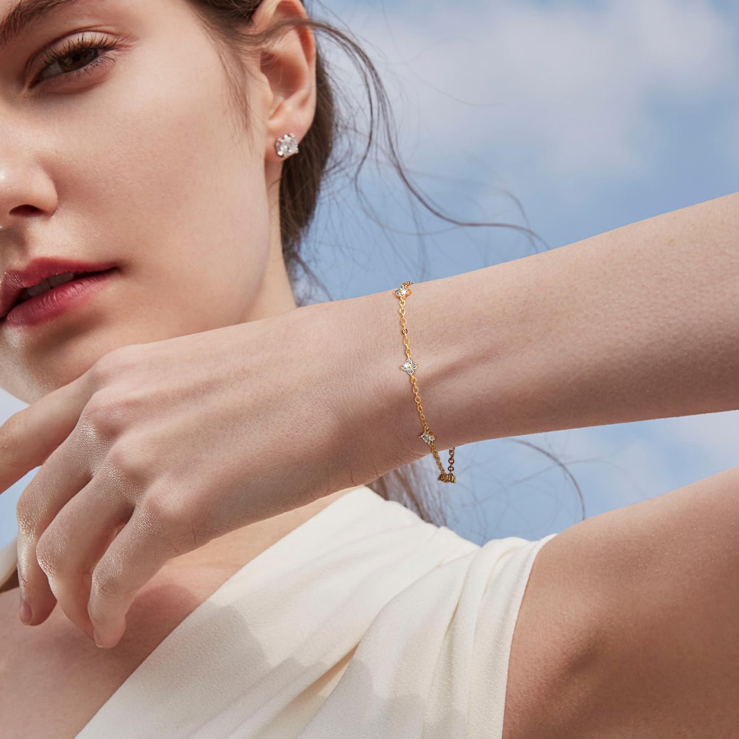 14K Gold Bracelets for Women Gold Bracelets for Women Flower Bracelet for Womens Statement Dainty and Bloom with Cubic Zircon Four Leaf Bracelet for Womens - Image 2