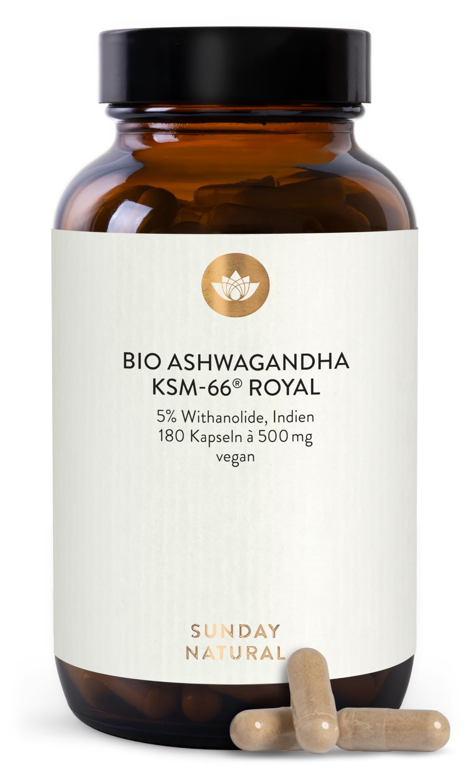 SUNDAY NATURAL® Bio Ashwagandha Kapseln - Premiumrohstoff KSM-66® – 180 Kapseln - 1.000mg Wurzelextrakt mit 50mg Withanoliden (5%) pro Tagesdosis – Ashwaganda aus Indien