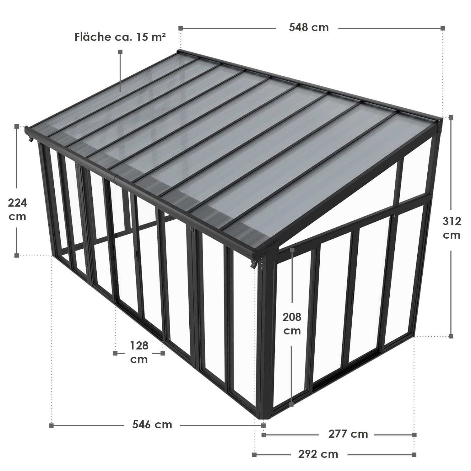 Juskys Jardin d'hiver de 15 m² - parois cristallines, Portes coulissantes Doubles et Protection UV - abri étanche et résistant à l'hiver en Aluminium - Gris