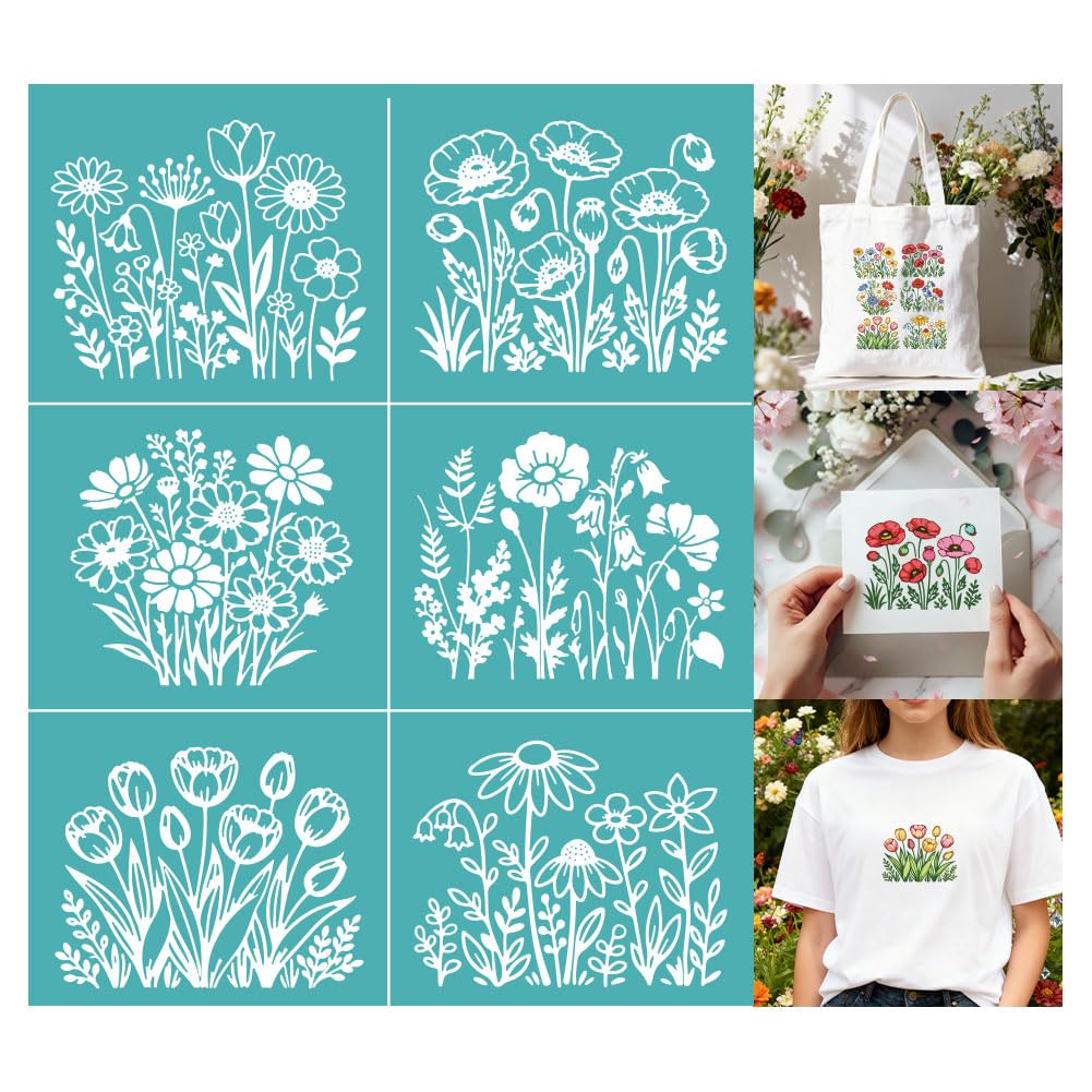 GOMAKERER 2 Sheets Wildflower Meadow Silk Screen Stencil, Floral Plant Self-Adhesive Silk Screen Printing Stencils Reusable Spring Mesh Stencil for Painting on Wall, Wood, Home Craft Decor โ image 1