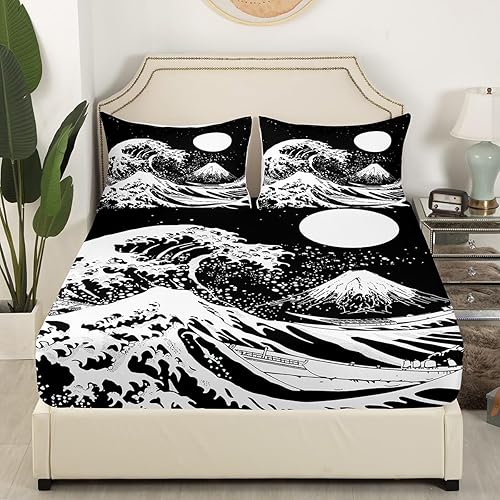 Miniatura 2 de Erosebridal Sábana bajera tamaño matrimonial, con diseño de olas del océano, funda de cama Fuji, estilo japonés, juego de ropa de cama con temática