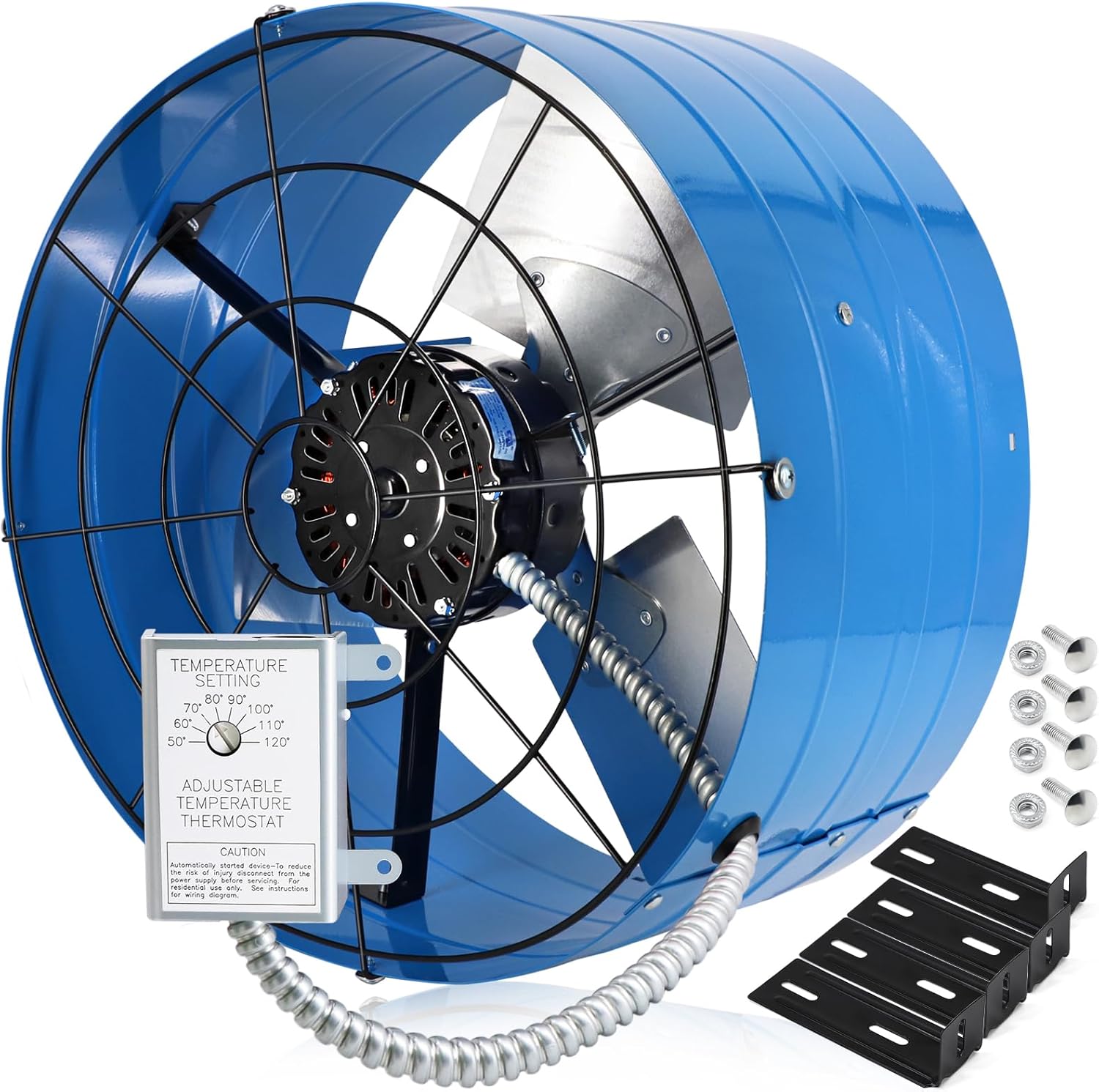 Hiorucet Upgraded 15 Inch Gable Vent Exhaust Fan, 1600CFM 2400 SQF High Performance Low Noise Gable Mount Attic Fan with Adjustable Thermostat, 14 Inch Blade and Permanently Lubricated Motor, Blue.