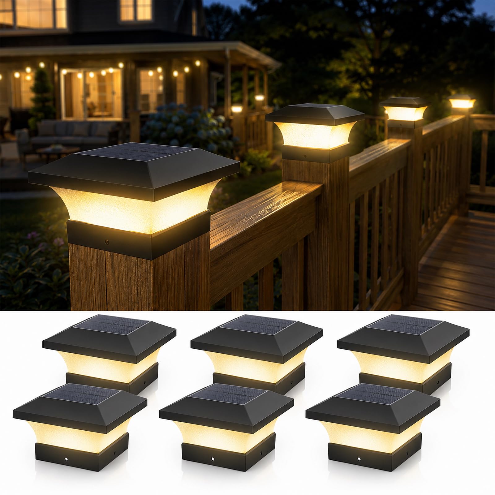 T-SUN 4X4 Solar Post Cap Lights, 6 Pack Warm White LED Fence Post Solar Lights, Outdoor Waterproof Post Lights for Wood & Vinyl Fence Posts, Deck, Patio Railing, Porch, Black