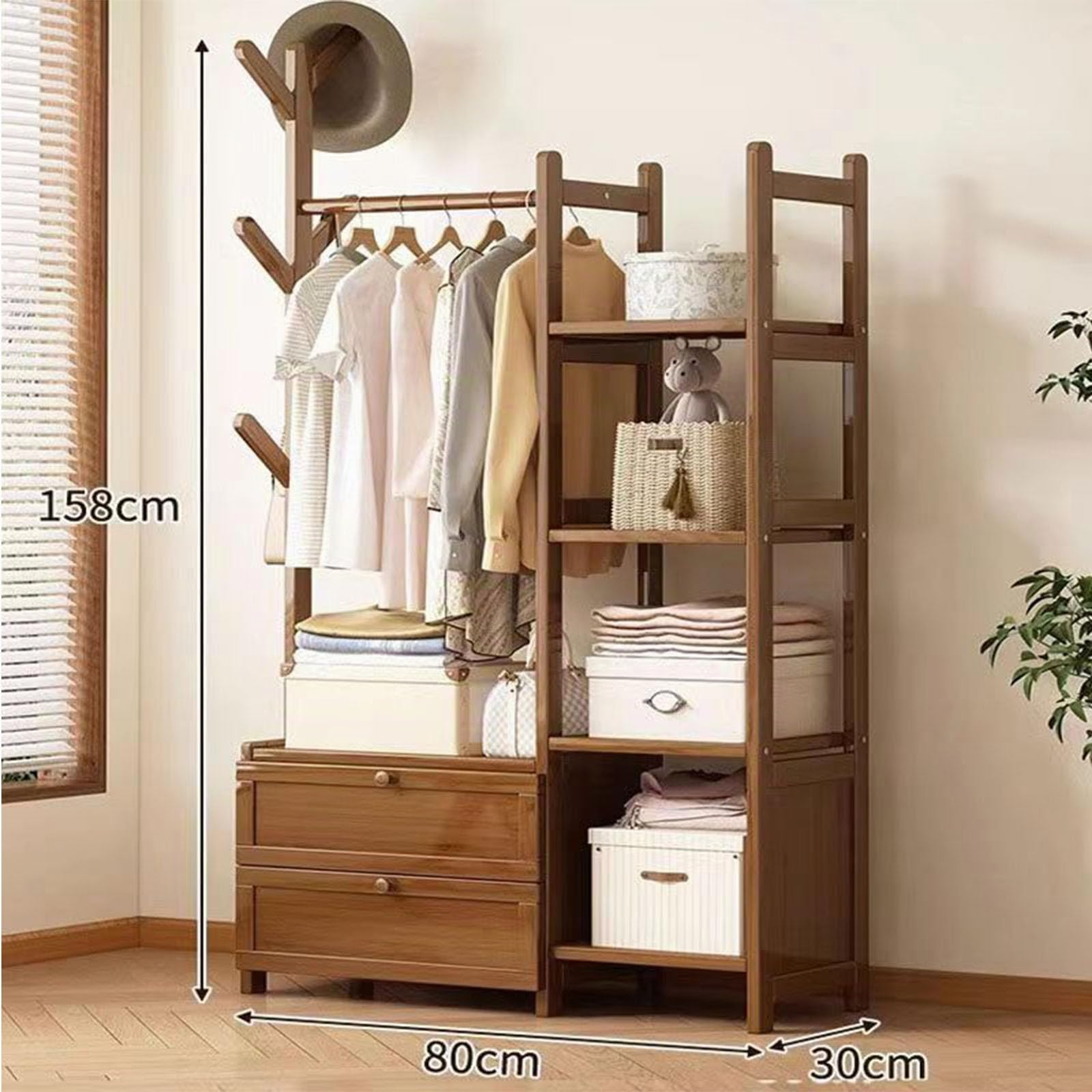Percha de bambú Abierta, Armario Estable Multifuncional, con cajones y Ganchos de Ropa, Adecuada para dormitorios, vestuarios (Door 80cm/32in#)