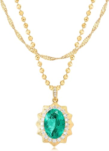 BENEIGE Layered Necklaces for Women 14K Gold Plated Emerald Necklace for Women O