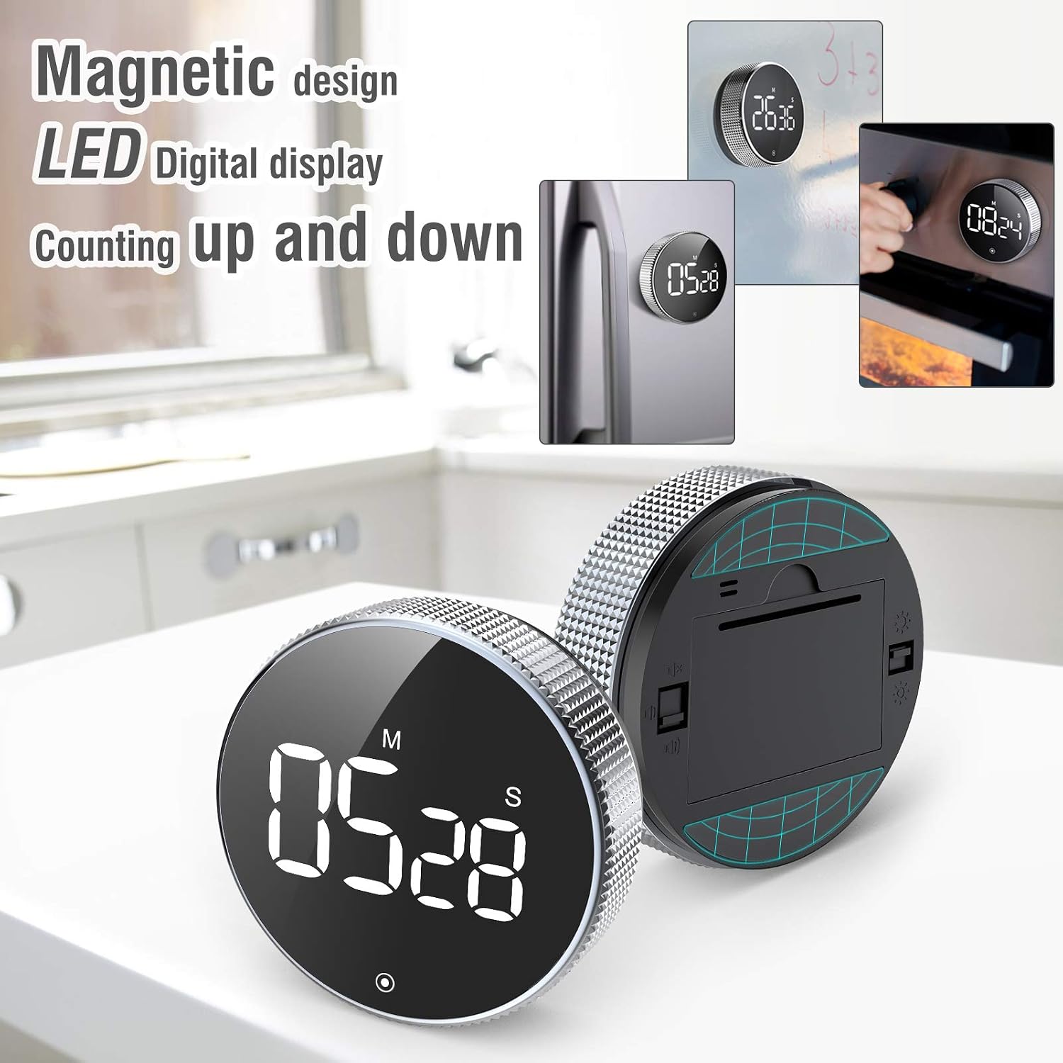 Back view of the monkeyD Magnetic Digital Timer showing battery compartment and magnetic back