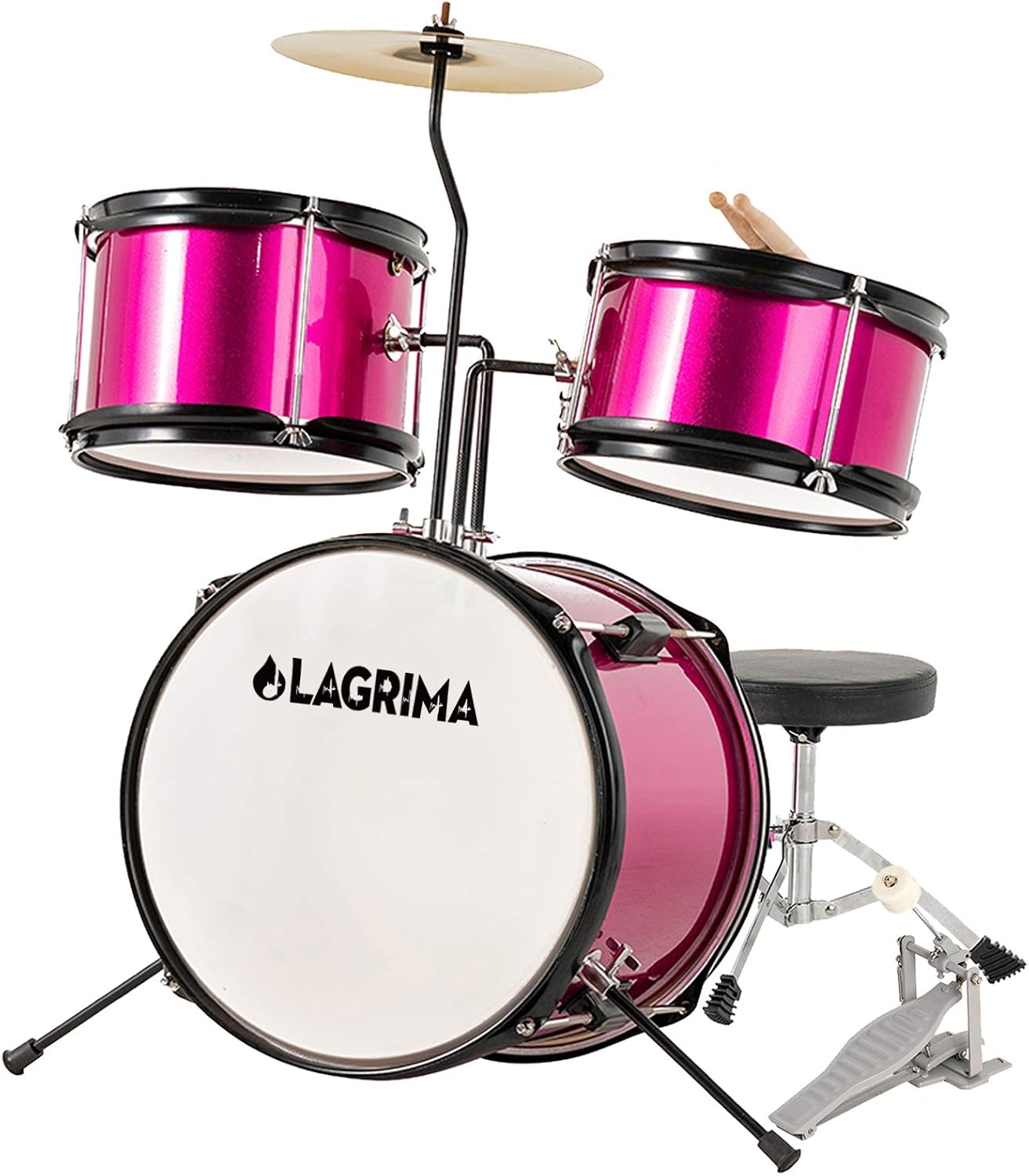 LAGRIMA 3 Piece Kids Drum Set with Adjustable Throne, Cymbal, Pedal & Drumsticks, Rose Red