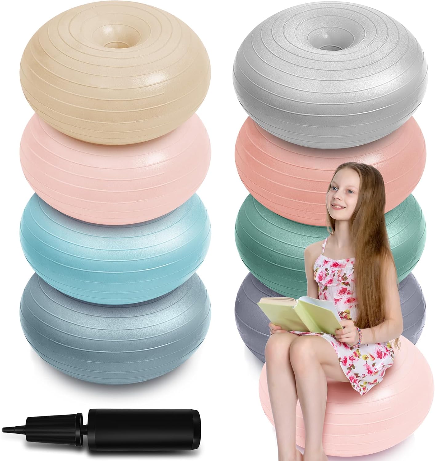 Lewtemi 8 Pcs Flexible Seating for Classroom Elementary 20'' Yoga Ball Chair Large Inflatable Donut Exercise Ball Chair Wobble Seat with Inflator for Kids Student Sensory Balance Morandi Color