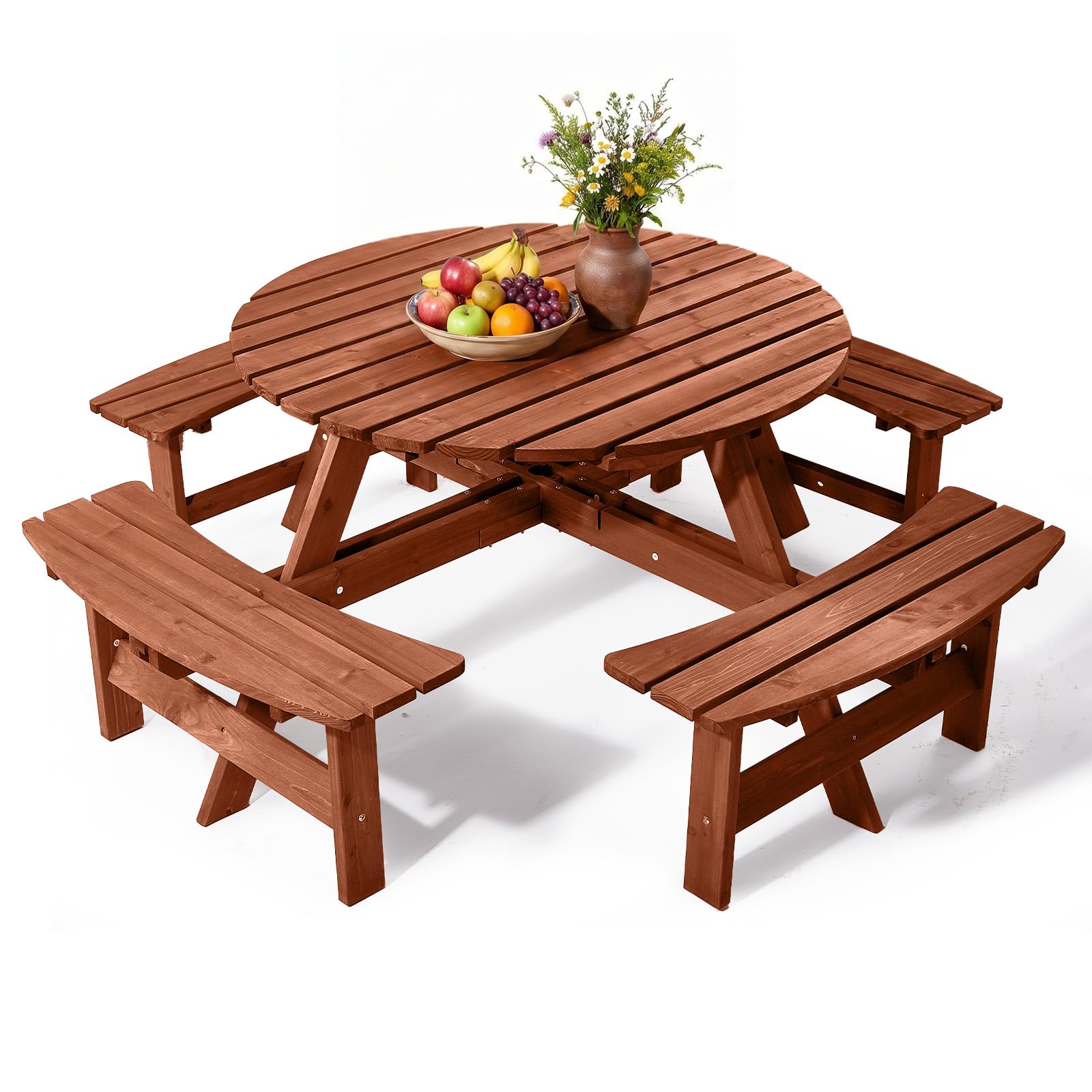 VINLGI Picknicktisch Set für 8 Personen,Biertischgarnitur Holz mit 4 Bänken & Schirmloch, Gartenmöbel Set Wetterfest,Esssets Terrasse, Hof, Garten&Veranda (Rund&Dunkelbraun)