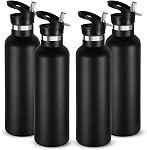 Neihepal Bouteilles d'eau en acier inoxydable argenté,24 Bouteille de voyage à double paroi à aspiration avec gouttière en paille à l'épreuve des fuites,Flacon de bouche standard réutilisable pour les randonneurs,Don
