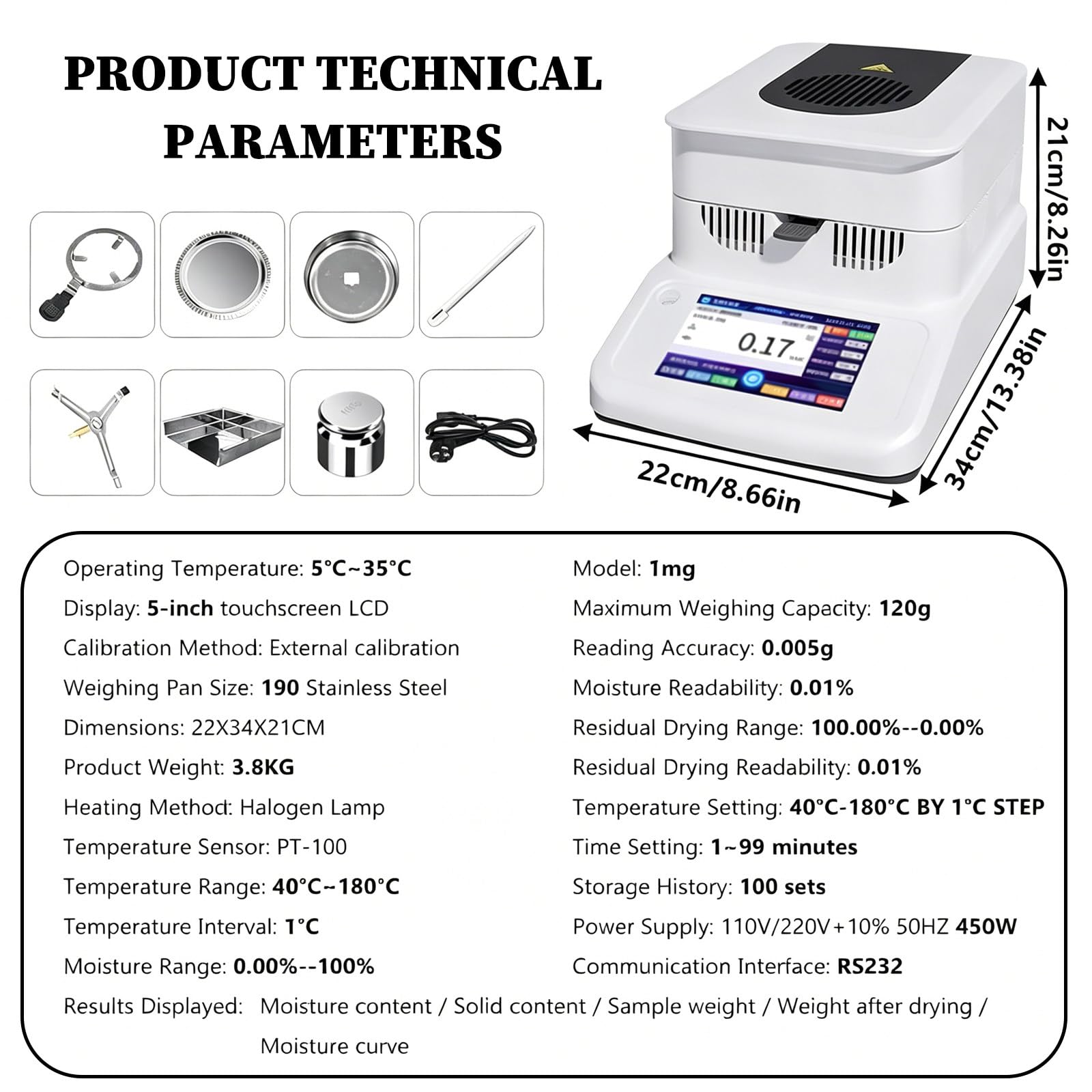 Digitaler Feuchtebestimmer, Halogen-Feuchtebestimmer, Hohe Genauigkeit 0,001 G, hocheffiziente Halogenlampenheizung, für Gummi/Tee/Getreide/Lebensmittel Accuracy0.005g