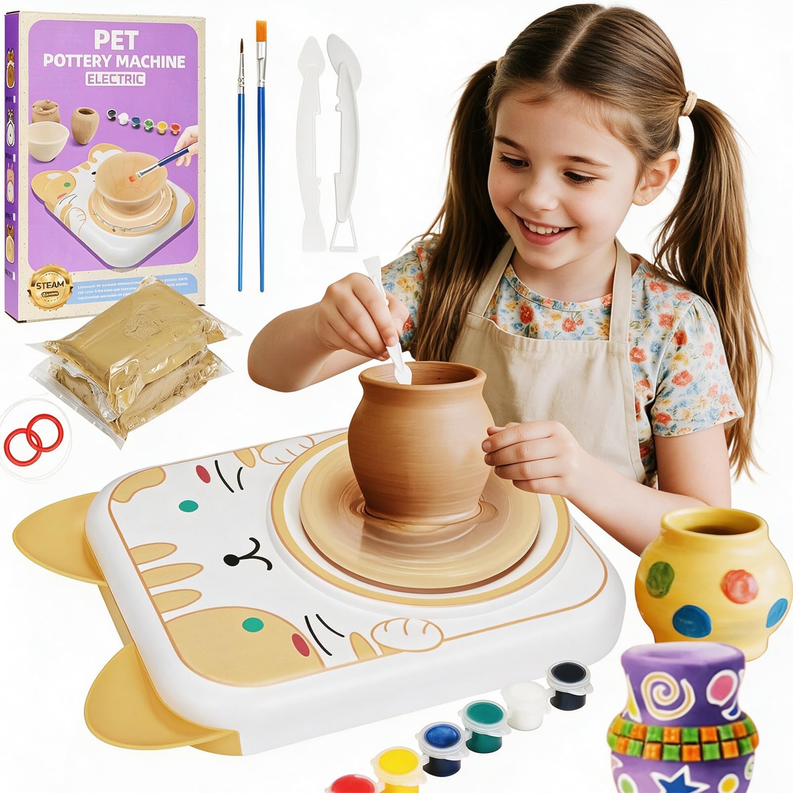 Pottery Wheel for Kids, Pottery Painting Kit Arts and Crafts Toys for Kids Aged 6-12, Pottery Kit with Air Dry Clays, Paints & Sculpting Tools, Gifts Toys for 6-12 Year Old Children (Yellow Kitty)
