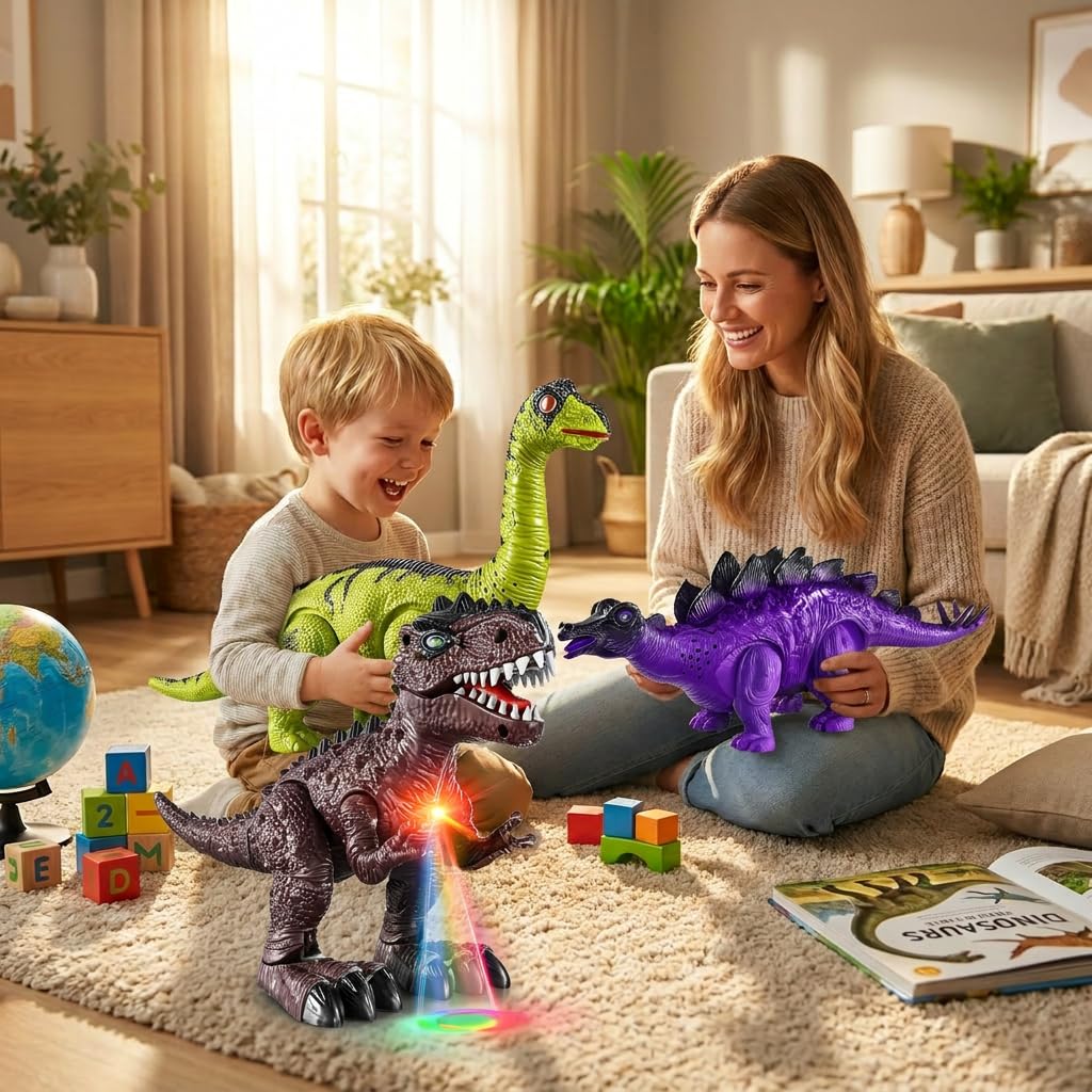 Doloowee Juguete de dinosaurio para niños de 3 – 5/5 – 7 años, juego de 3 robots eléctricos de dinosaurio con luces LED y sonidos, juguete de dinosaurio para niños y niñas