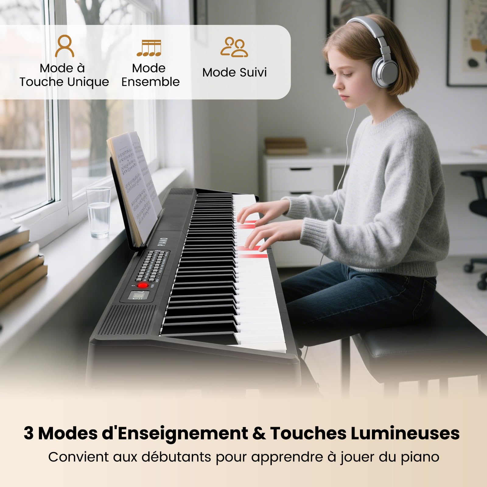 COSTWAY Piano Numérique Pliable 88 Touches avec Microphone & Pupitre, Clavier Électronique Portable avec Haut-Parleurs & Fonction MIDI, 1000 Rythmes, 1000 Timbres, Sac pour Débutants Enfants