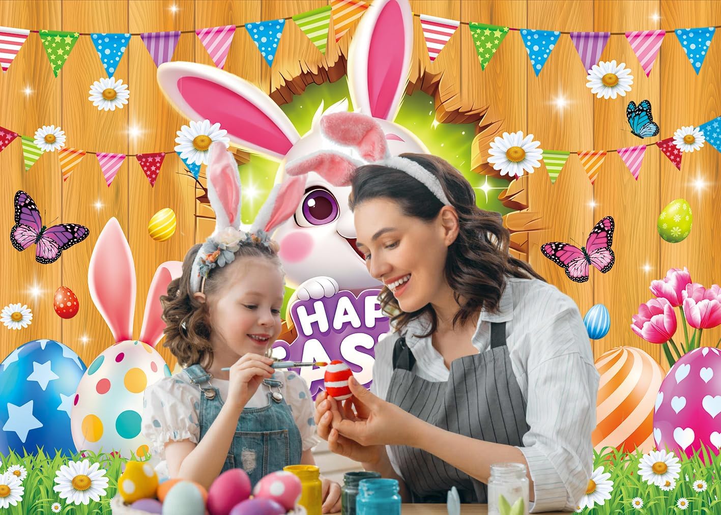 Happy Easter Backdrop Spring Easter Bunny Rabbit Colorful Eggs Floral Green Grass Wooden Banner Background Kids Birthday Party Yard Decoration Photo Booth Props Event Supplies 7x5FT
