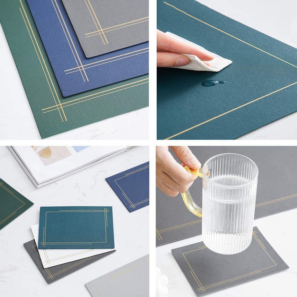 Manteles Individuales para Mesa de Comedor Juego de 2, con 2 Posavasos Impermeable Antideslizante PU Mantel Individual de Mesa de Cuero sintético para Restaurante en casa Decorativo/Protección-Azul