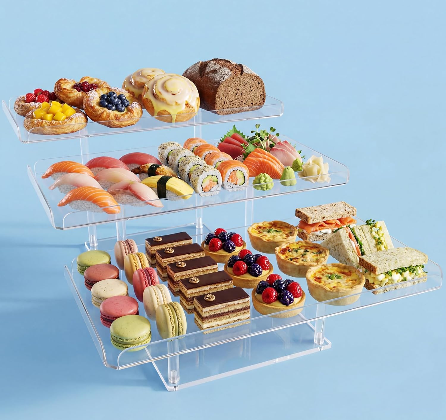 Jusalpha Set of 3 Acrylic Cupcake Stand, 3 Tiered Party Serving Tray, Clear Rectangular Dessert Display, Heavy Duty Construction (Rectangle-Bottom Disconnect)