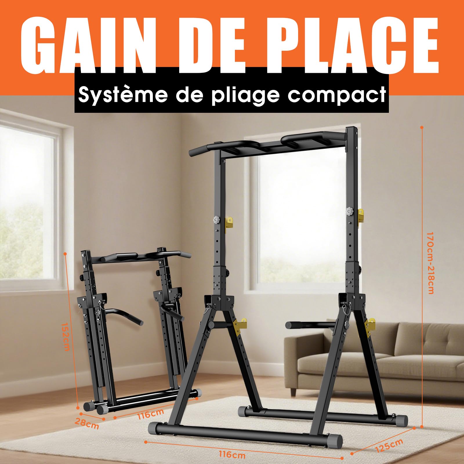 DH FitLife Power Tower pliable | Barre de Traction Autoportante, Barres Parallèles et Supports pour Haltères/Dossier | Station de Musculation Sport Maison