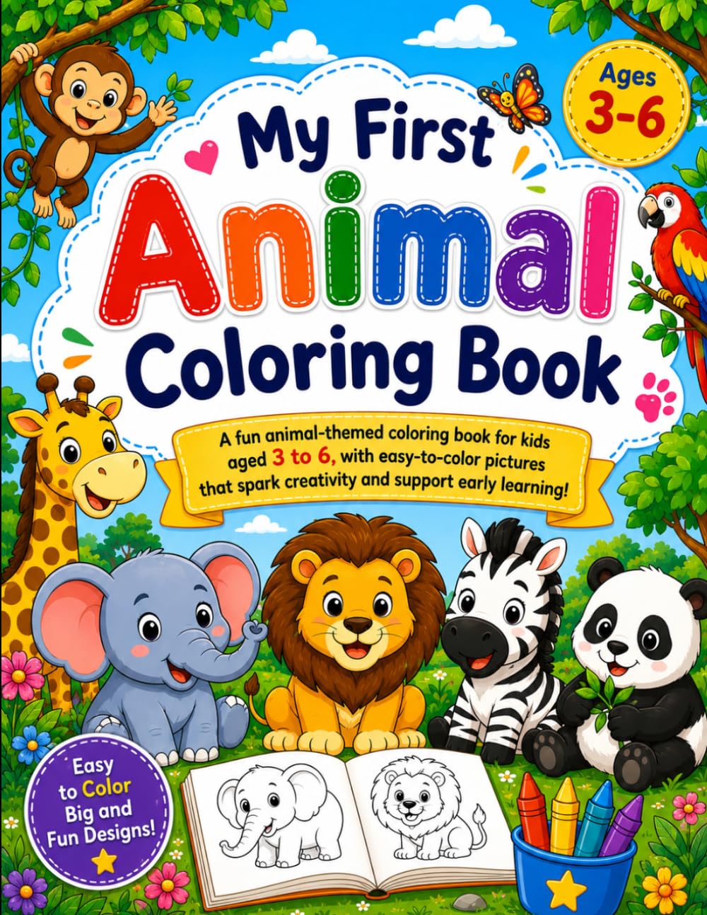 Animal Coloring Book for Preschool Kids: Adorable Zoo, Farm, Jungle, and Ocean Animals for Fun Learning and Creativity