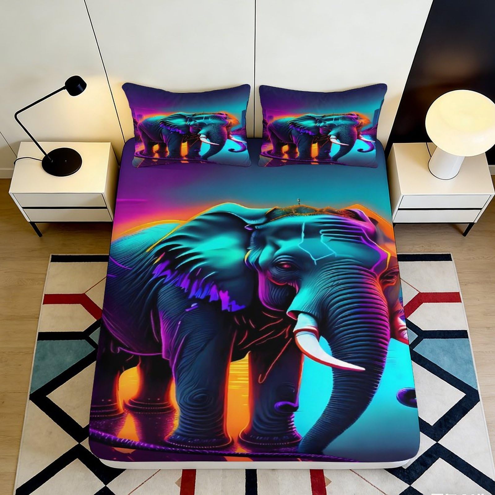 Jqzkxnhpbr Style-2 3D Printed Neon Elephant Fitted Sheet Microfiber Soft Anti-Slip Jungle Sunset Mattress Cover For Bedroom Decor 90X200x25cm
