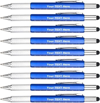 Custom Pens with Name Text Personalized Ballpoint Pen Stylus Gauge Screwdriver Ruler Level 6 in 1 Function for Church Business Office 100 Pcs Blue